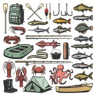 Fishing sport equipment and fishes vector