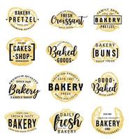 Bakery shop icons with lettering, pastry food vector