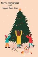 Children decorate the Christmas tree.New Year pattern vector