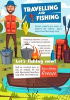 cartel de viaje y pesca con pescador y campamento vector