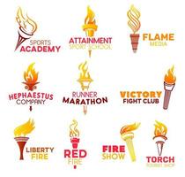 Red flaming fire torch, vector icons