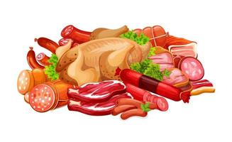 Sausages with meat products and poultry in heap vector