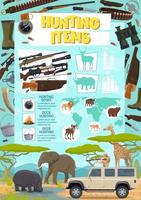 Hunting sport items poster with weapon and animals vector