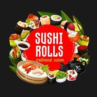 Sushi and rolls, vector japanese cuisine seafood