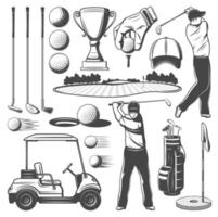 Golf sporting items, player monochrome icons vector