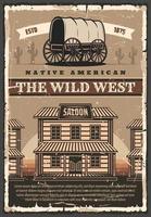 American Wild West saloon and wagon, retro poster vector