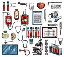 equipos y herramientas de medicina, boceto vectorial vector