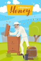 Honey farm. Beekeeper and hive at apiary vector