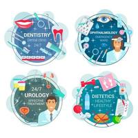 Medicine round icons of doctors and medical tools vector