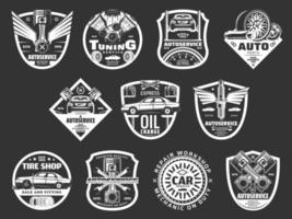 Auto service or car repair monochrome icons vector