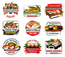 sushi bar o cafetería y restaurante de iconos de Japón vector
