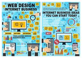 Internet business and startup line art web posters vector