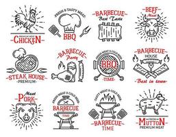 Meat products icons signs steaks on barbeque grill vector