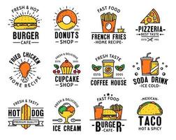 entrega de menú de comida rápida y iconos de signos de comida para llevar vector