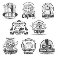 Wedding ceremony gift, cake, bride and groom icons vector