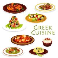 platos griegos con carne, verduras y mariscos vector