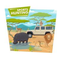 deporte de caza, safari africano, cazador y animales vector