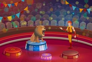 Lion with open mouth and handler on circus stage vector