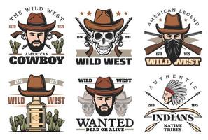 Western theme icons with cowboy in hat and weapon vector