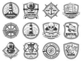 Sea anchor, sailing ship and helm. Nautical badges vector