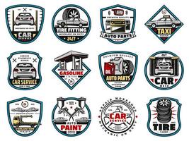 Car spare parts and motor oil, tire, battery icons vector