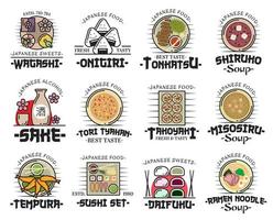 Japanese cuisine dishes icons of asian food vector