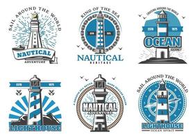 Lighthouse and beacon navigation vector icons