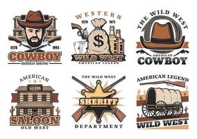 Western Wild West cowboy, saloon and gun icons vector