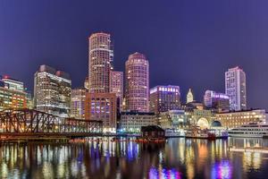 Boston Custom House, Rowes Wharf and Financial District skyline at night, Boston, Massachusetts, USA photo