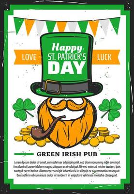 St Patricks Day leprechaun with clover, hat, gold
