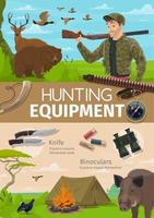 aventura de caza, equipo de cazador y animales. vector