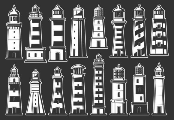 Lighthouse and beacon icons. Nautical symbols