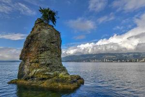 Siwash Rock, also known by Squamish name Skaish, a famous rock outcropping formation on Stanley Park Seawall Vancouver British Columbia Canada photo