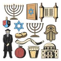 Jewish religion symbols, Israel culture tradition vector