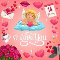 Cupid with heart on cloud. Valentines Day card vector