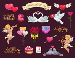 Valentines Day love hearts, gift, ribbon and cupid vector