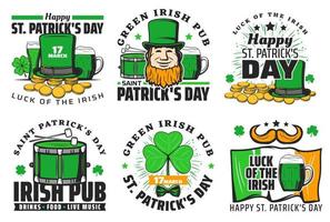 bar de cerveza de la fiesta del día de San Patricio, iconos de vacaciones irlandeses