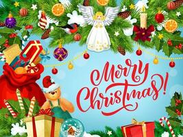 feliz navidad tarjeta de felicitación con regalos y ángel vector