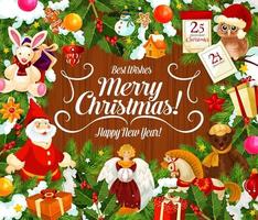 Greeting card with Merry Christmas wish and gifts vector