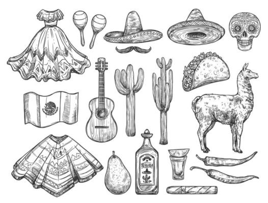 Cinco de Mayo isolated Mexican holiday symbols