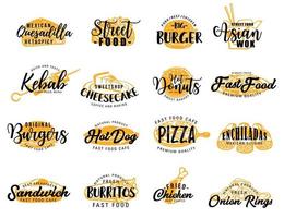 iconos de comida rápida y bocadillos callejeros, letras vector