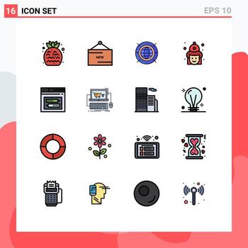 paquete de interfaz de usuario de 16 líneas básicas llenas de colores planos de sombrero bombero promoción fuego computación elementos de diseño de vectores creativos editables