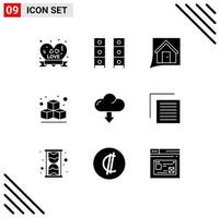 Set of 9 Commercial Solid Glyphs pack for arrow cube wardrobe box convo Editable Vector Design Elements