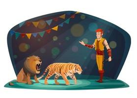 Big Top Circus Arena, domador de animales de tigres y leones vector