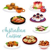 Australian cuisine meat and fish dishes, desserts vector