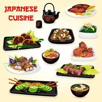 Japanese fish and meat dishes with salads and soup vector