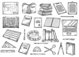 educación y conocimiento, libros y papelería vector
