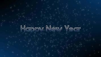 Light happy new year with animated letters and falling snowflakes background light rays particles on dark blue and black background as festive new year greeting for celebration of new years eve night video