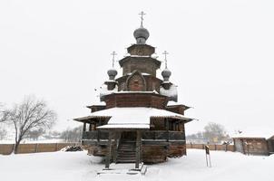 The Wooden Church of the Resurrection of Christ in the Museum of Wooden Architecture and Peasants' Life on a Winter Day in Suzdal, Russia.