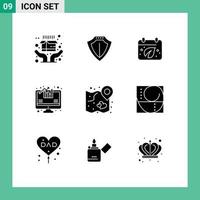 Group of 9 Modern Solid Glyphs Set for strategy love day heart analytics Editable Vector Design Elements